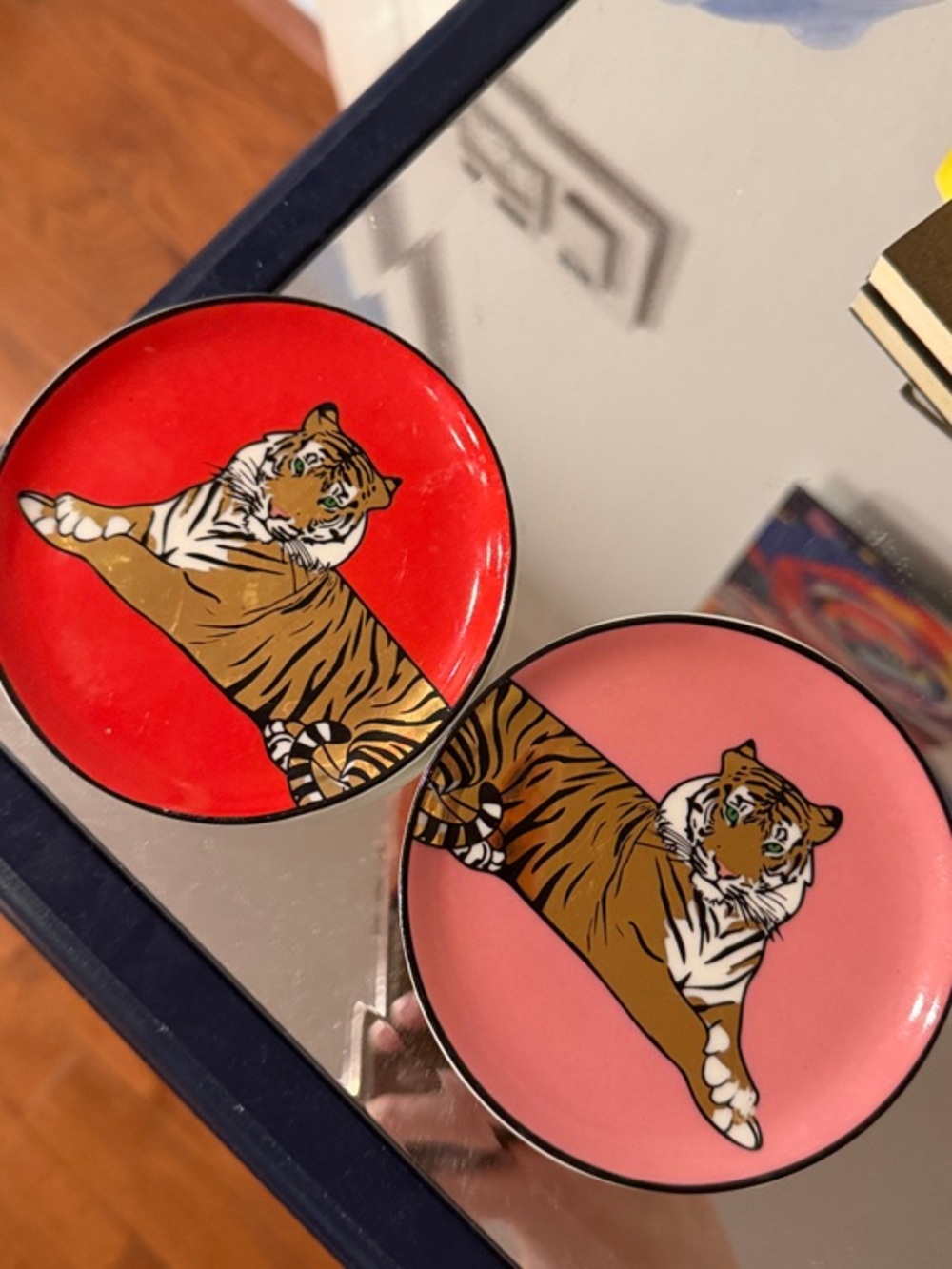 Jonathan Adler Ceramic Dish with Black Logo and Blue Floral Motif